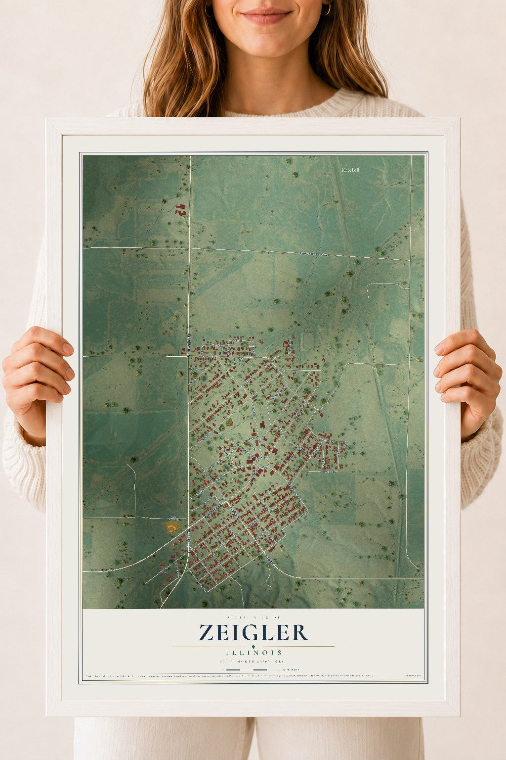 Map of Zeigler, Illinois, 18 x 24 inch print in a white wood frame