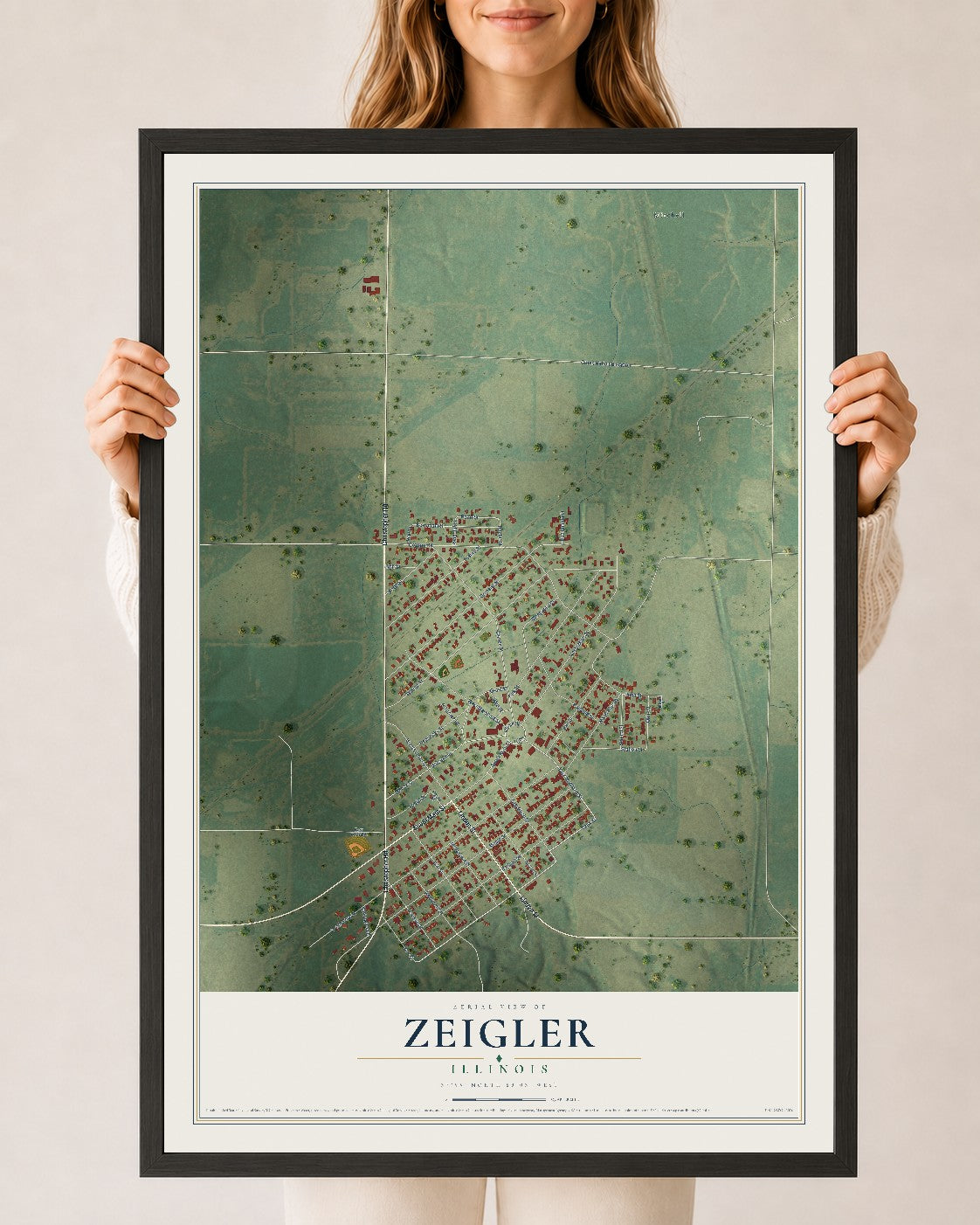 Map of Zeigler, Illinois, 24 x 36 inch print in a black wood frame