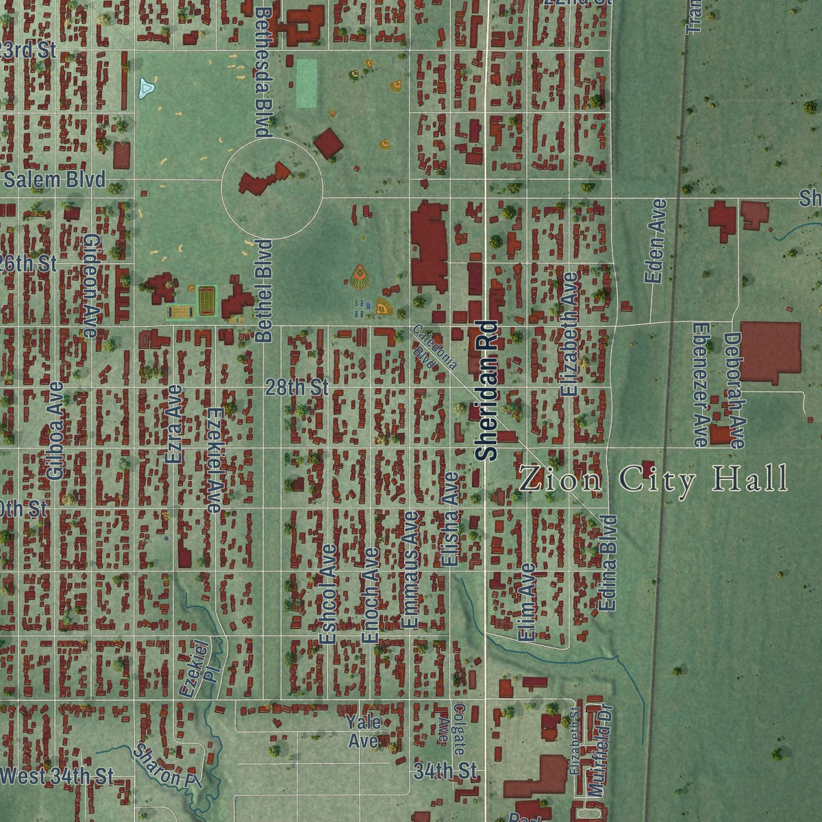 Second close-up of the map of Zion, Illinois print showing more streets and buildings