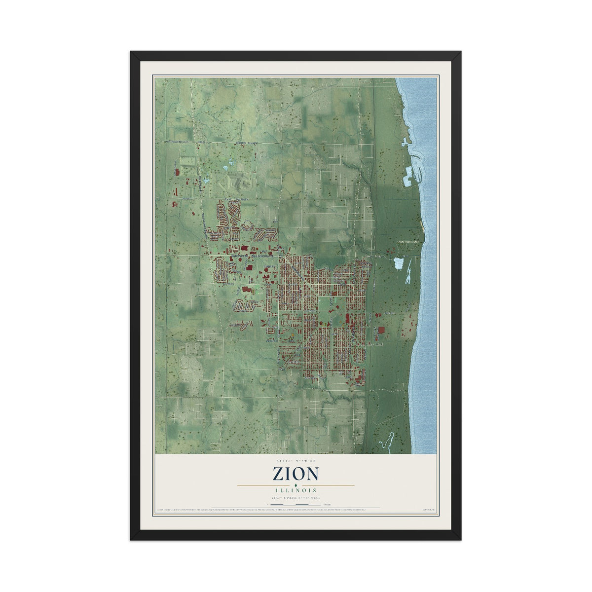 Map of Zion, Illinois, 12 x 18 inch print in a black wood frame