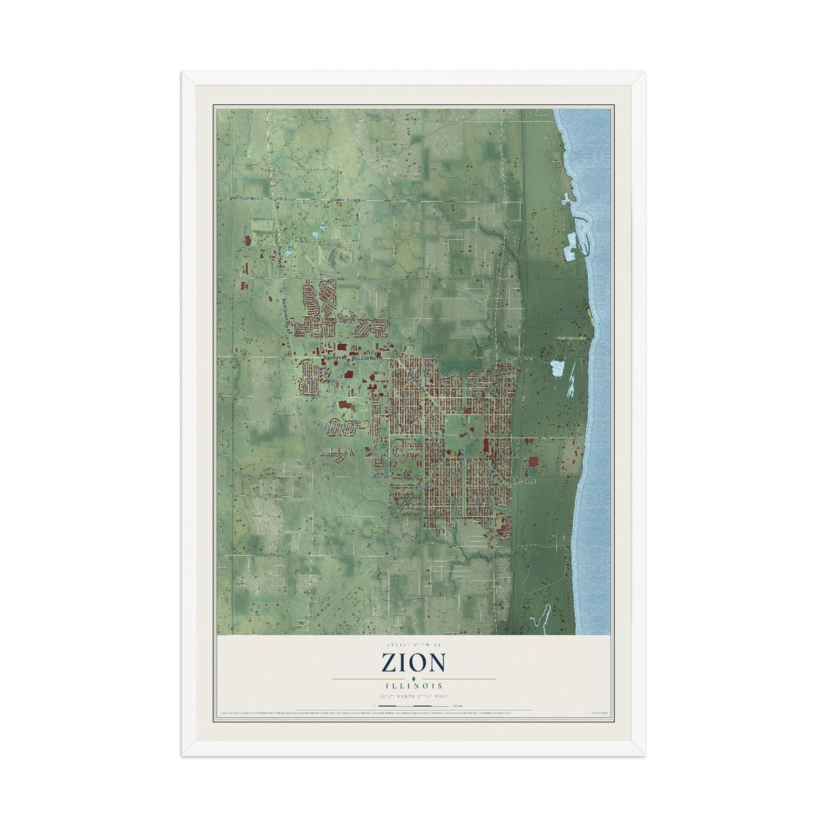 Map of Zion, Illinois, 12 x 18 inch print in a white wood frame