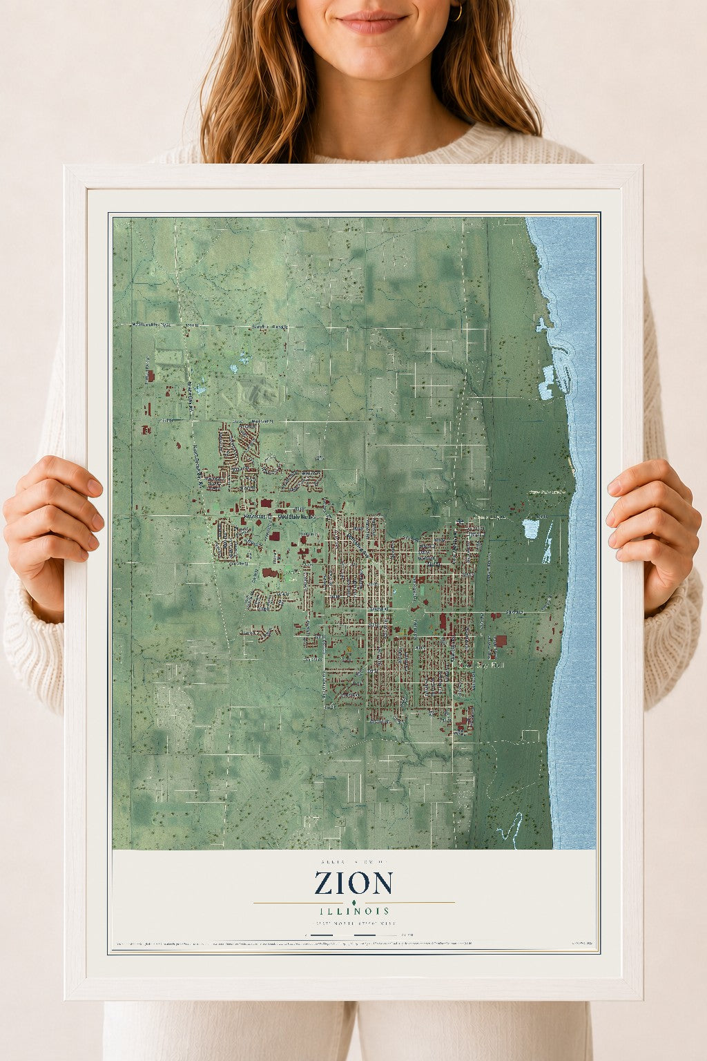 Map of Zion, Illinois, 18 x 24 inch print in a white wood frame