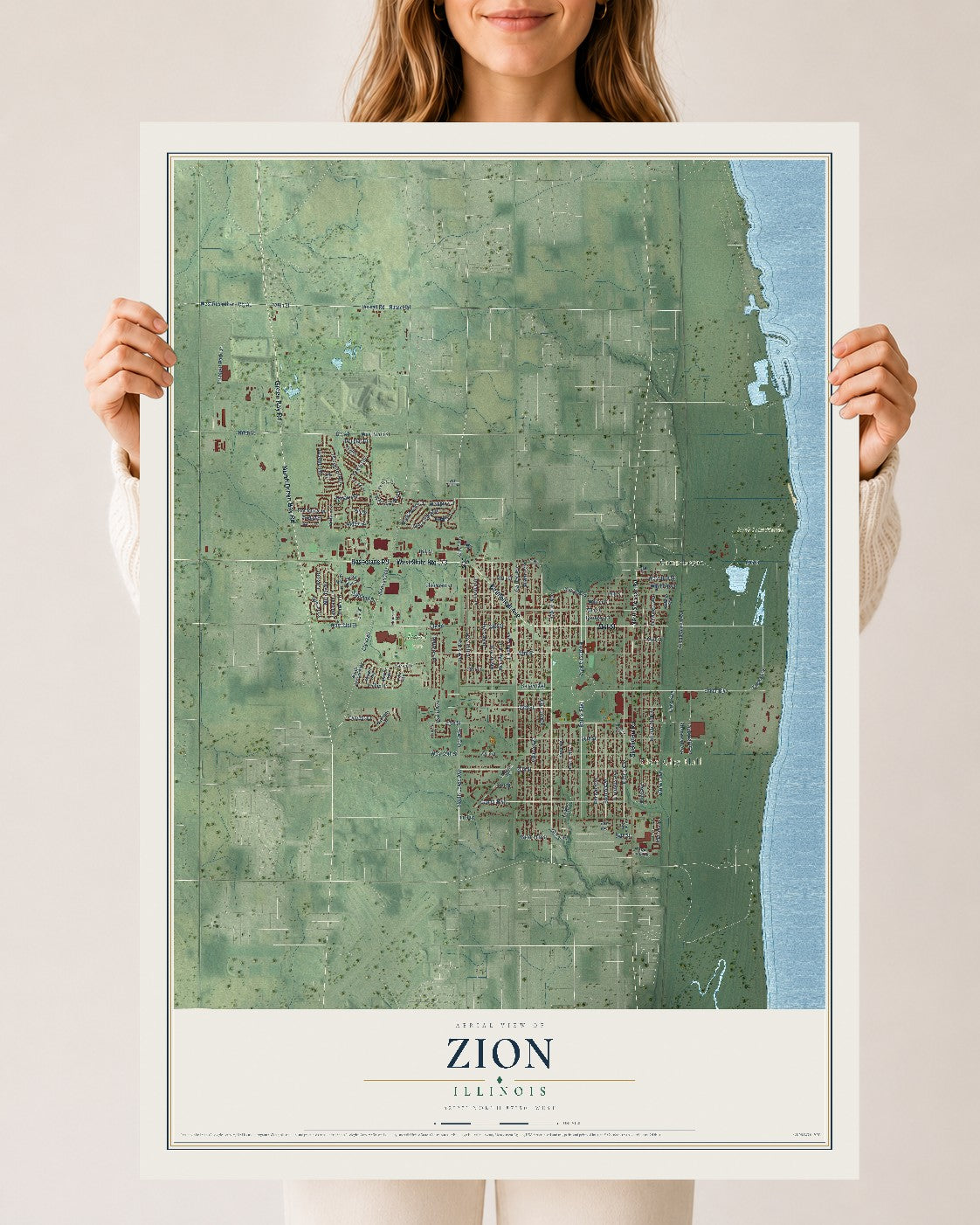 Map of Zion, Illinois, 24 x 36 inch unframed archival matte print