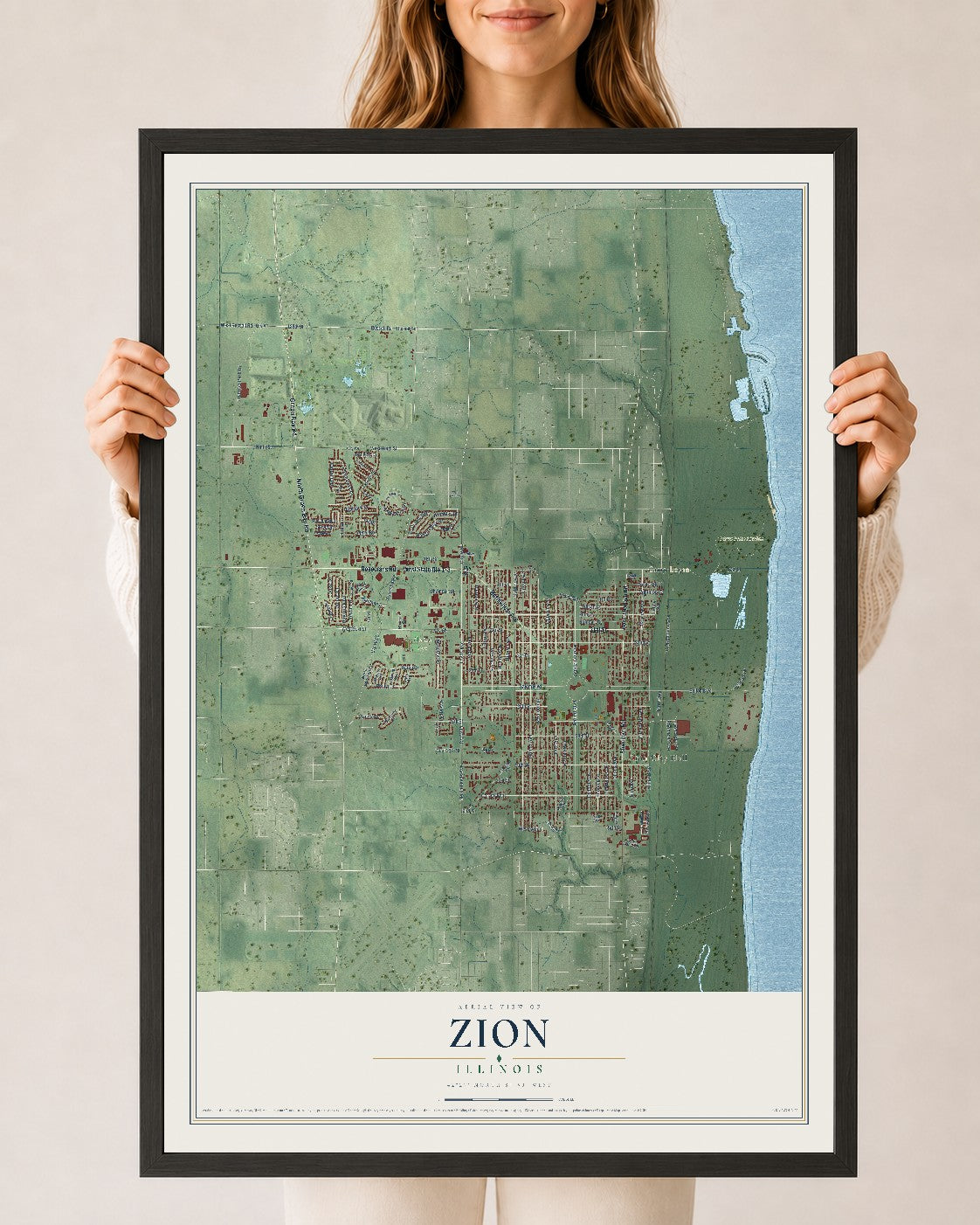 Map of Zion, Illinois, 24 x 36 inch print in a black wood frame