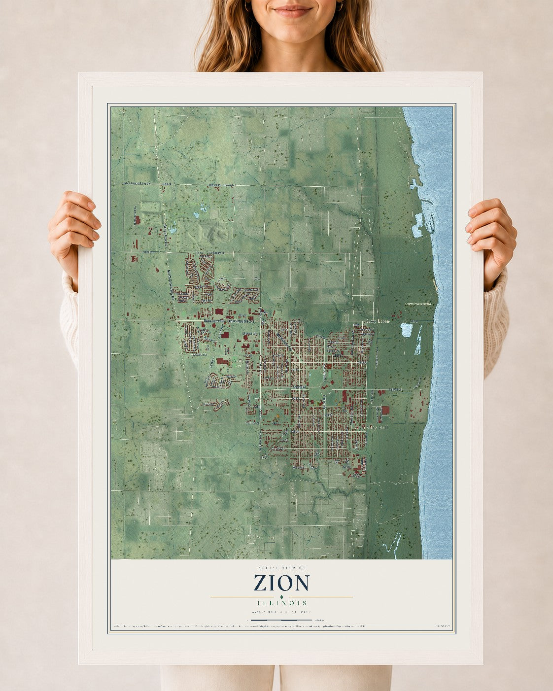 Map of Zion, Illinois, 24 x 36 inch print in a white wood frame