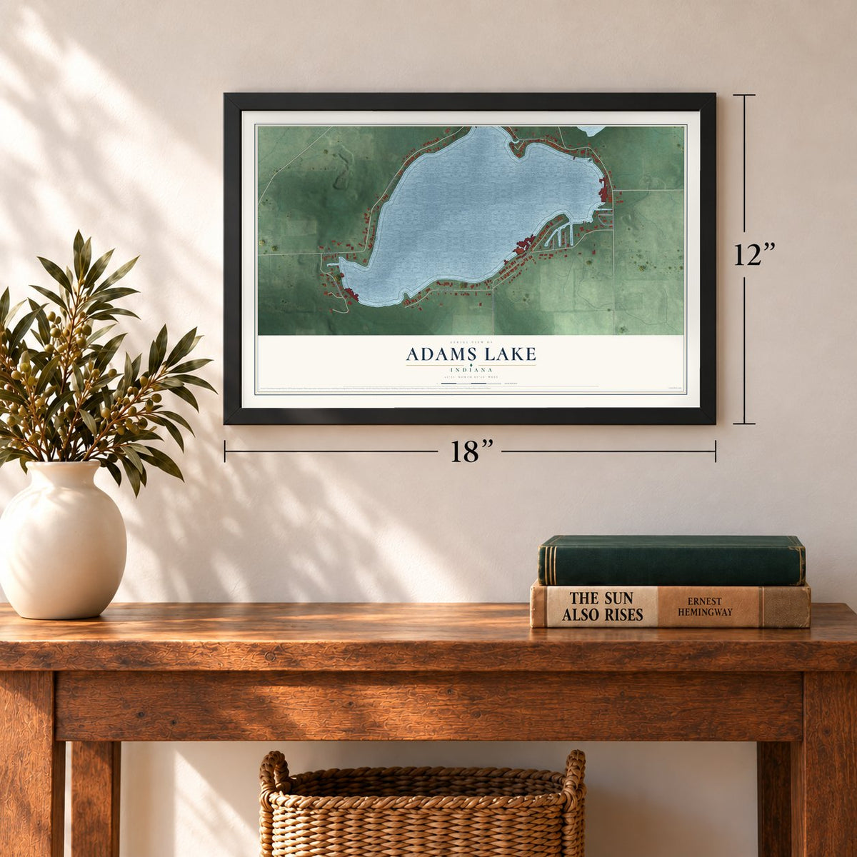 Adams Lake, Indiana map, 12 x 18 inch print in a black frame in an entryway