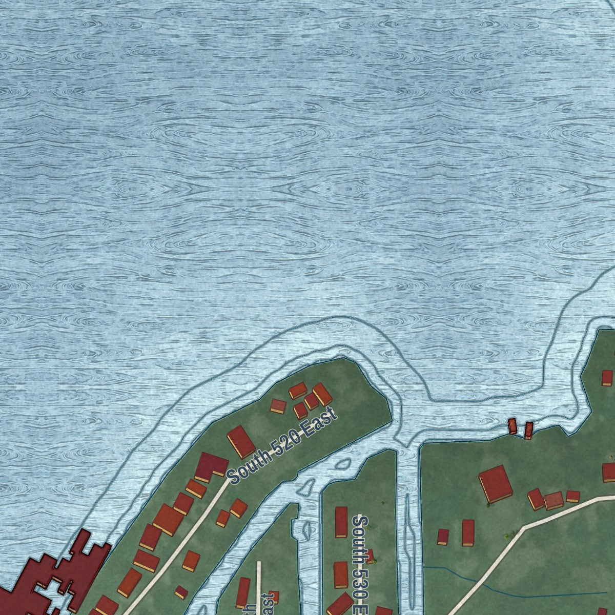 Close-up of the map of Adams Lake, Indiana print showing street and building detail