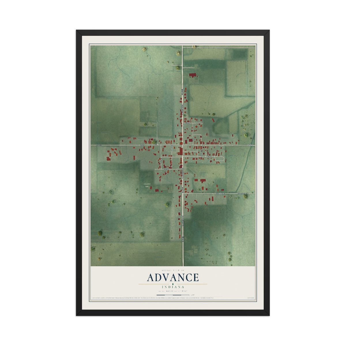 Map of Advance, Indiana, 12 x 18 inch print in a black wood frame