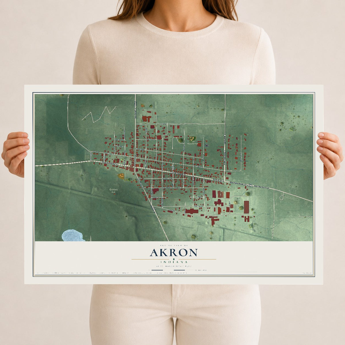 Map of Akron, Indiana, 12 x 18 inch unframed archival matte print