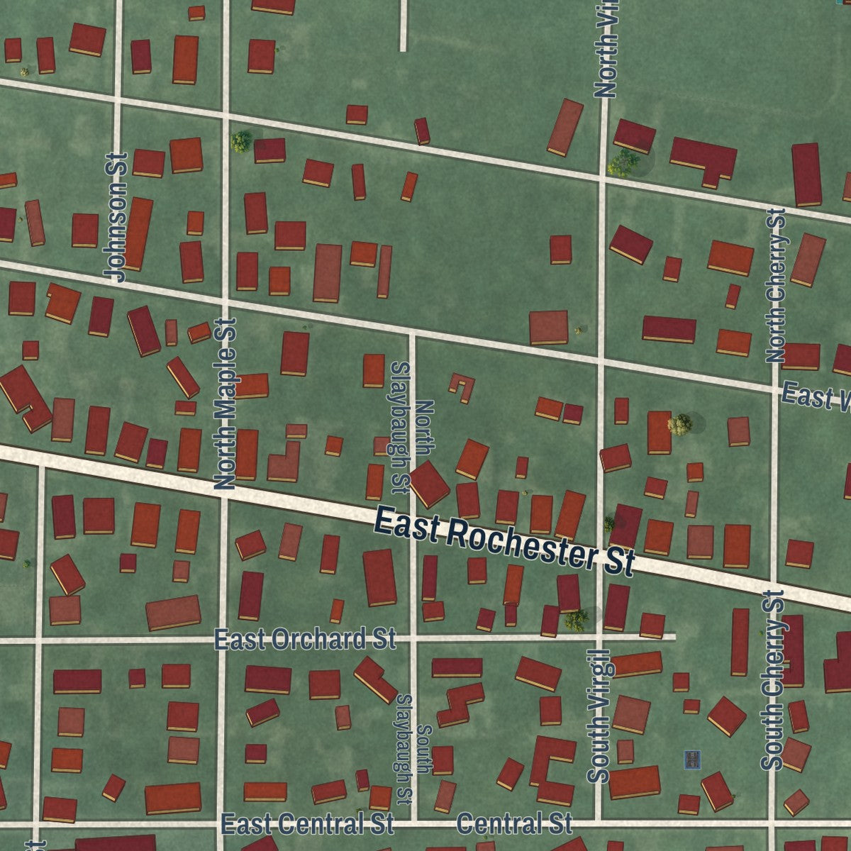 Close-up of the map of Akron, Indiana print showing street and building detail