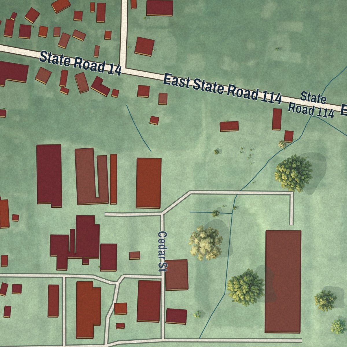 Second close-up of the map of Akron, Indiana print showing more streets and buildings