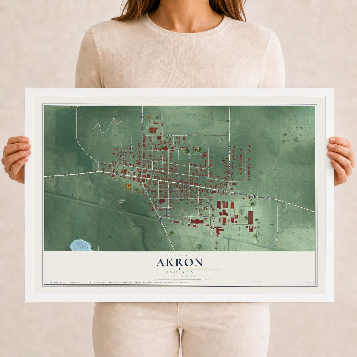Map of Akron, Indiana, 12 x 18 inch print in a white wood frame