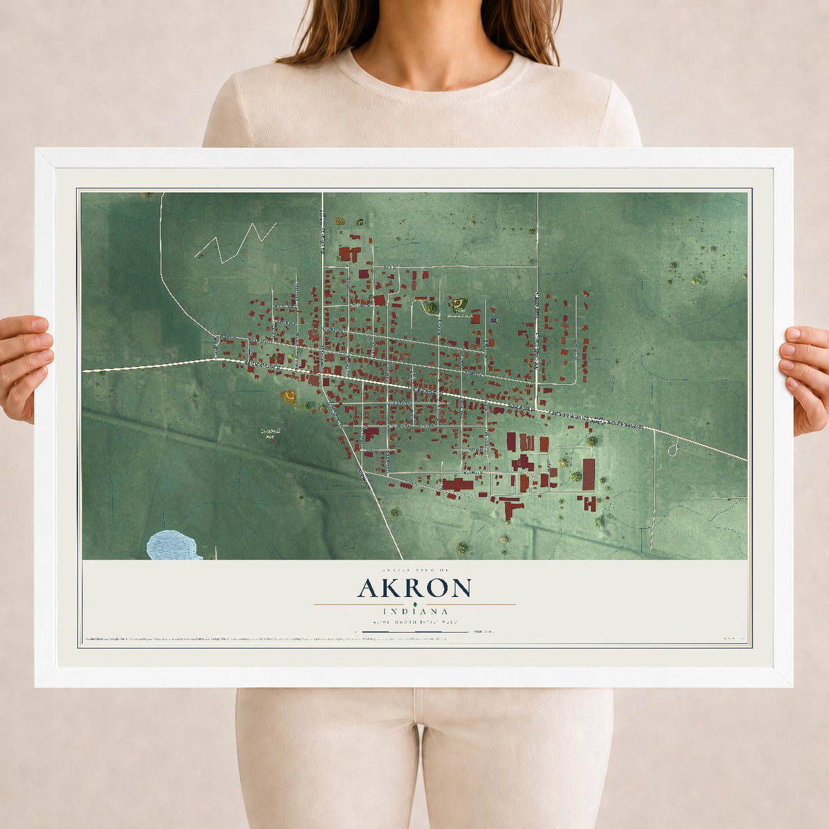 Map of Akron, Indiana, 18 x 24 inch print in a white wood frame