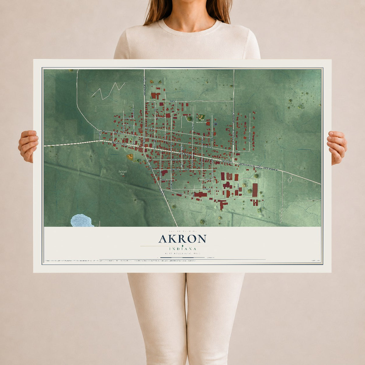 Map of Akron, Indiana, 24 x 36 inch unframed archival matte print