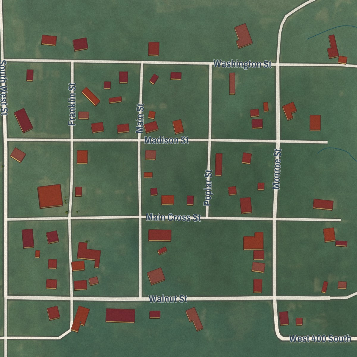 Close-up of the map of Alamo, Indiana print showing street and building detail