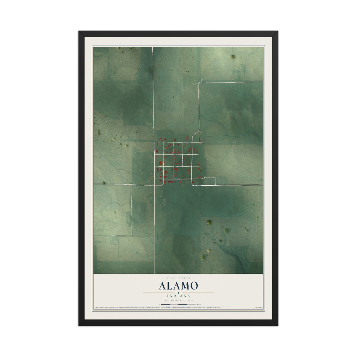Map of Alamo, Indiana, 12 x 18 inch print in a black wood frame