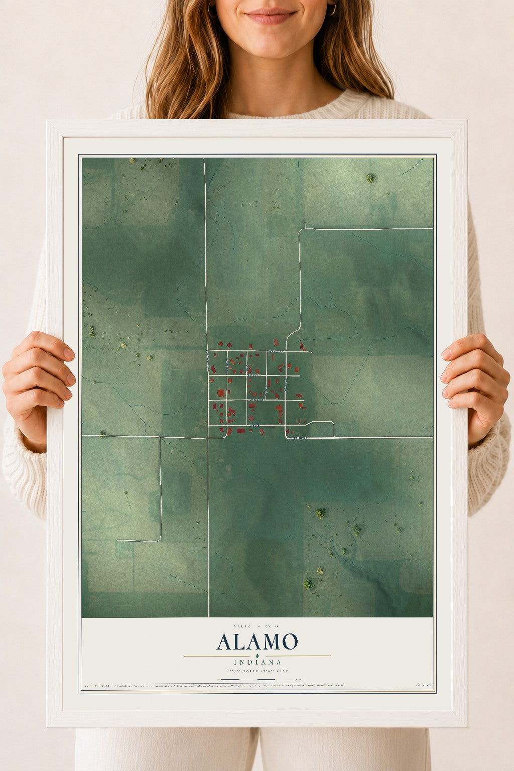 Map of Alamo, Indiana, 18 x 24 inch print in a white wood frame