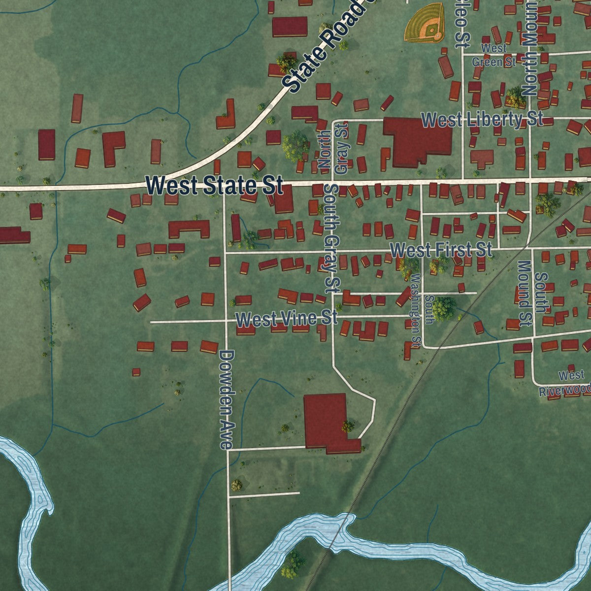 Second close-up of the map of Albany, Indiana print showing more streets and buildings