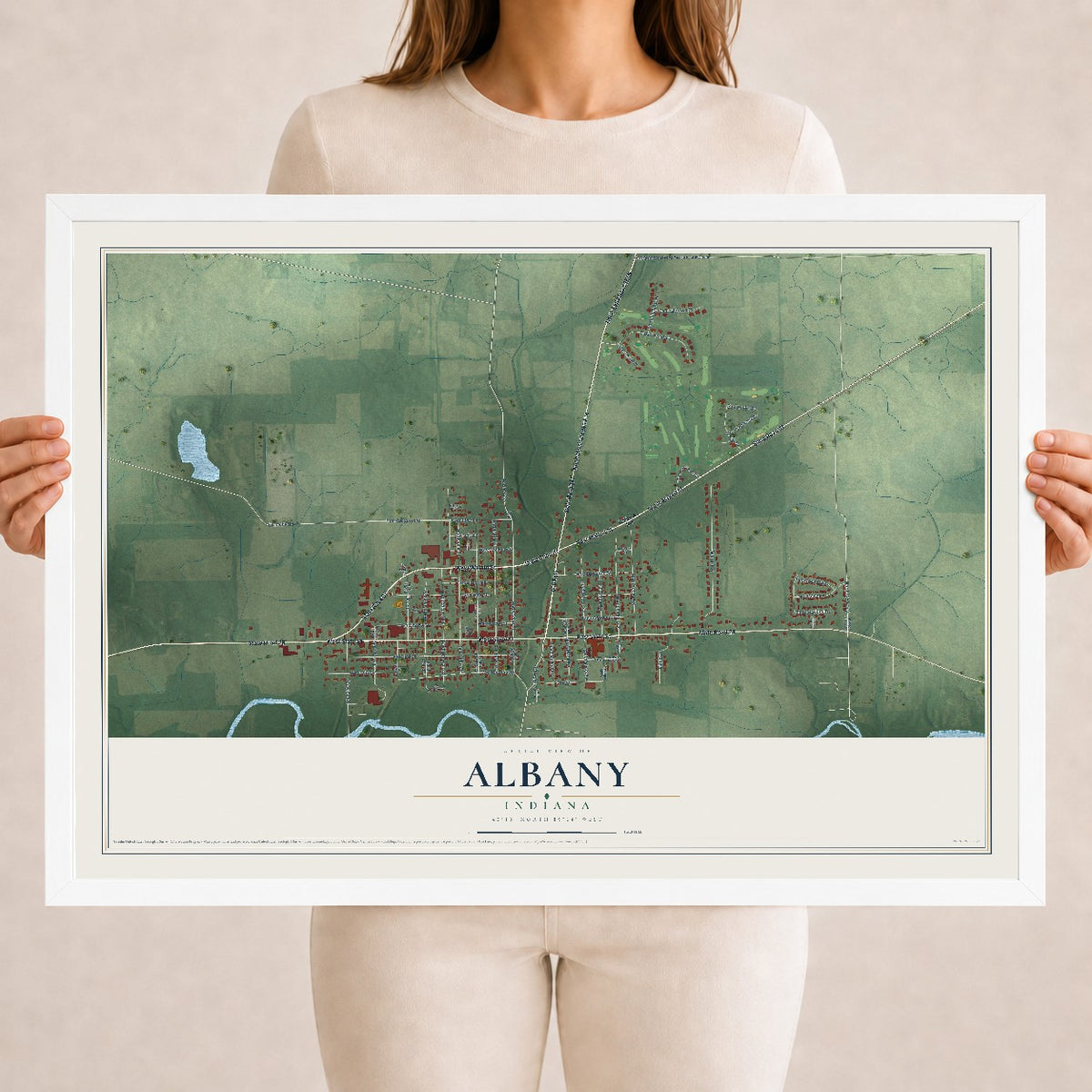 Map of Albany, Indiana, 18 x 24 inch print in a white wood frame