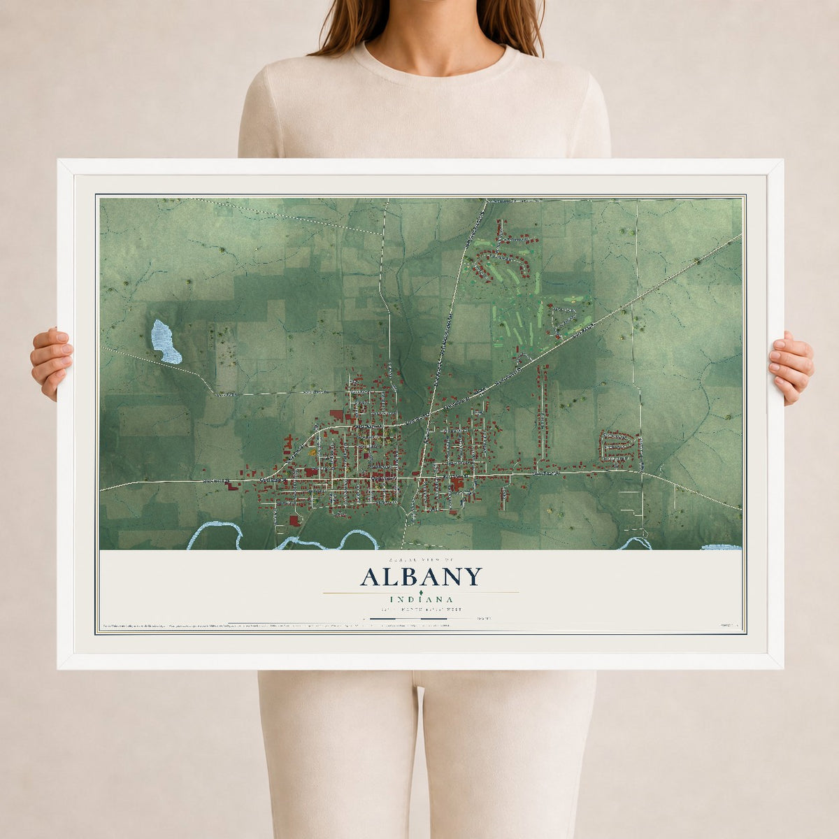 Map of Albany, Indiana, 24 x 36 inch print in a white wood frame