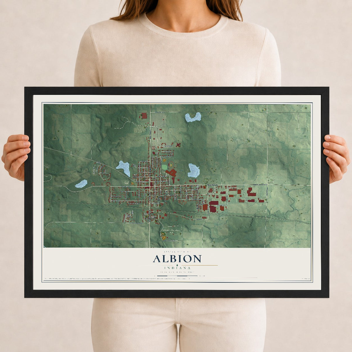 Map of Albion, Indiana, 12 x 18 inch print in a black wood frame