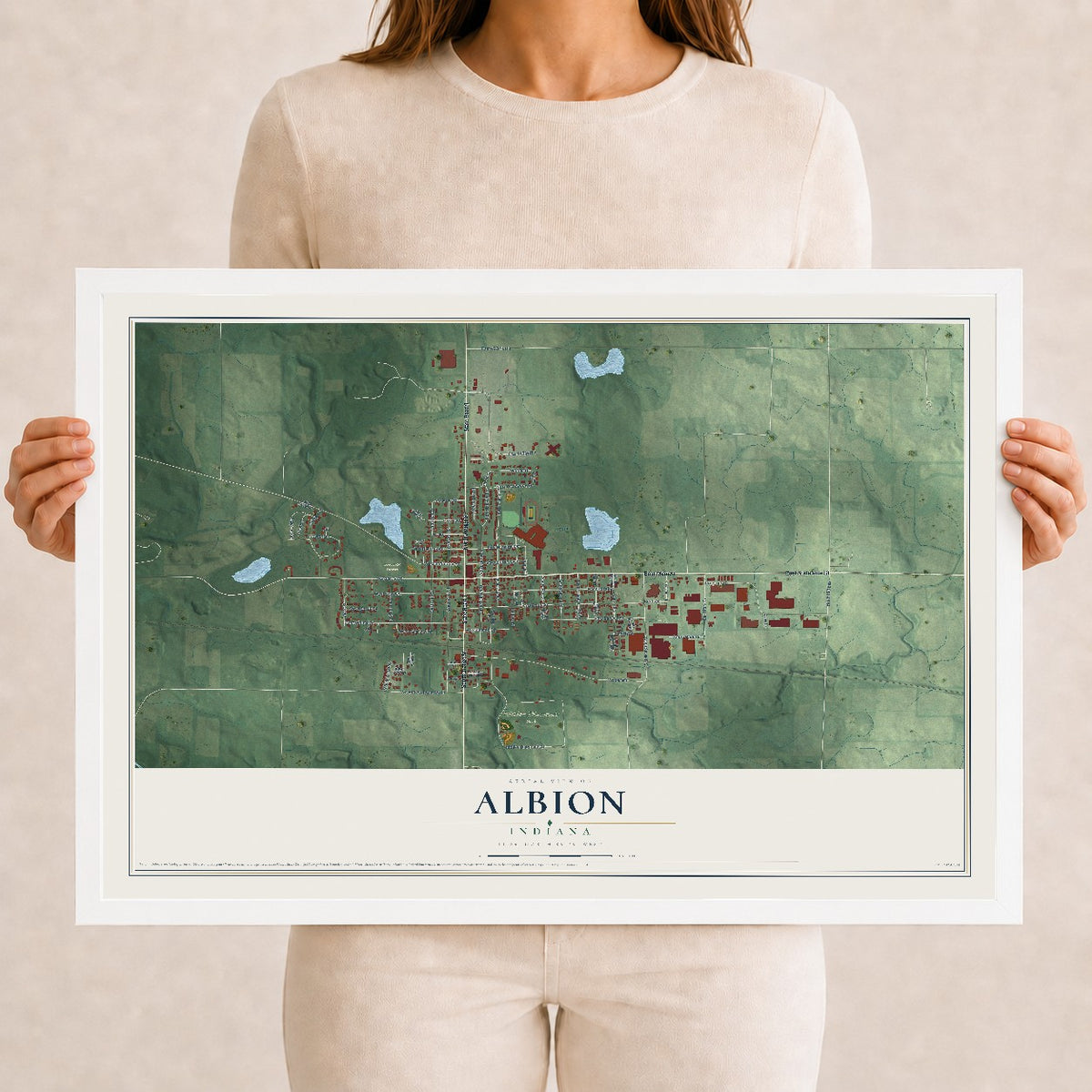 Map of Albion, Indiana, 12 x 18 inch print in a white wood frame