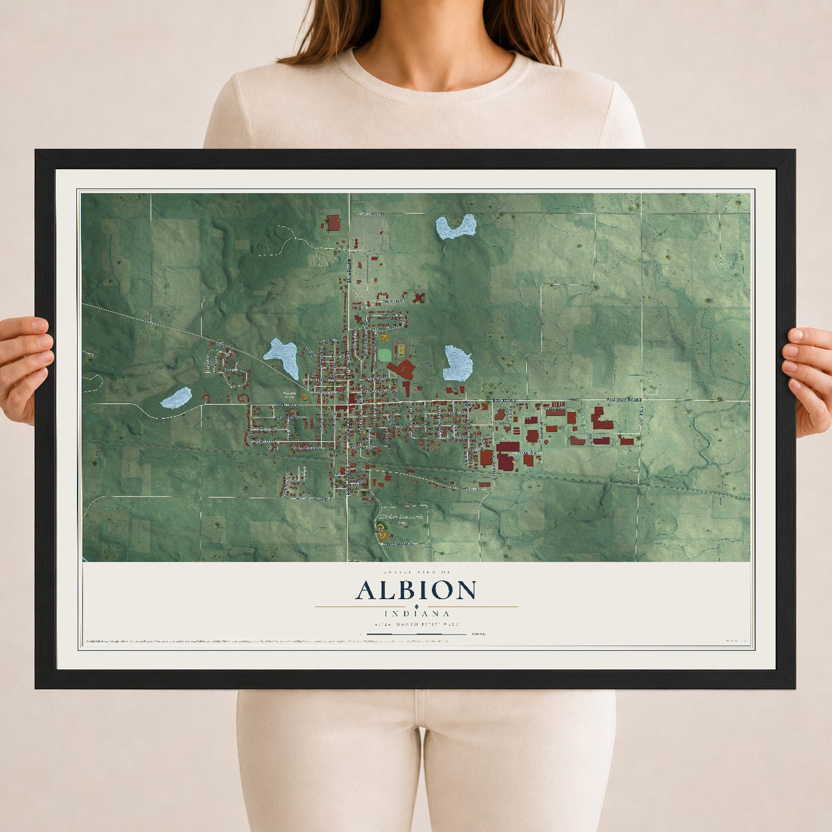 Map of Albion, Indiana, 18 x 24 inch print in a black wood frame