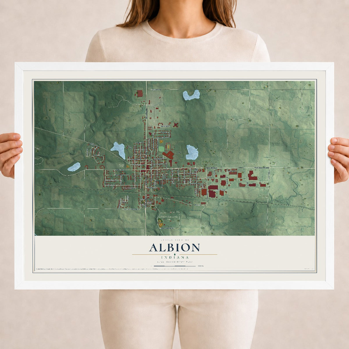 Map of Albion, Indiana, 18 x 24 inch print in a white wood frame
