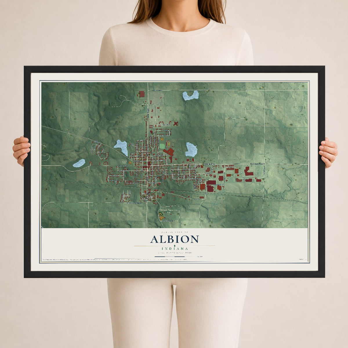 Map of Albion, Indiana, 24 x 36 inch print in a black wood frame