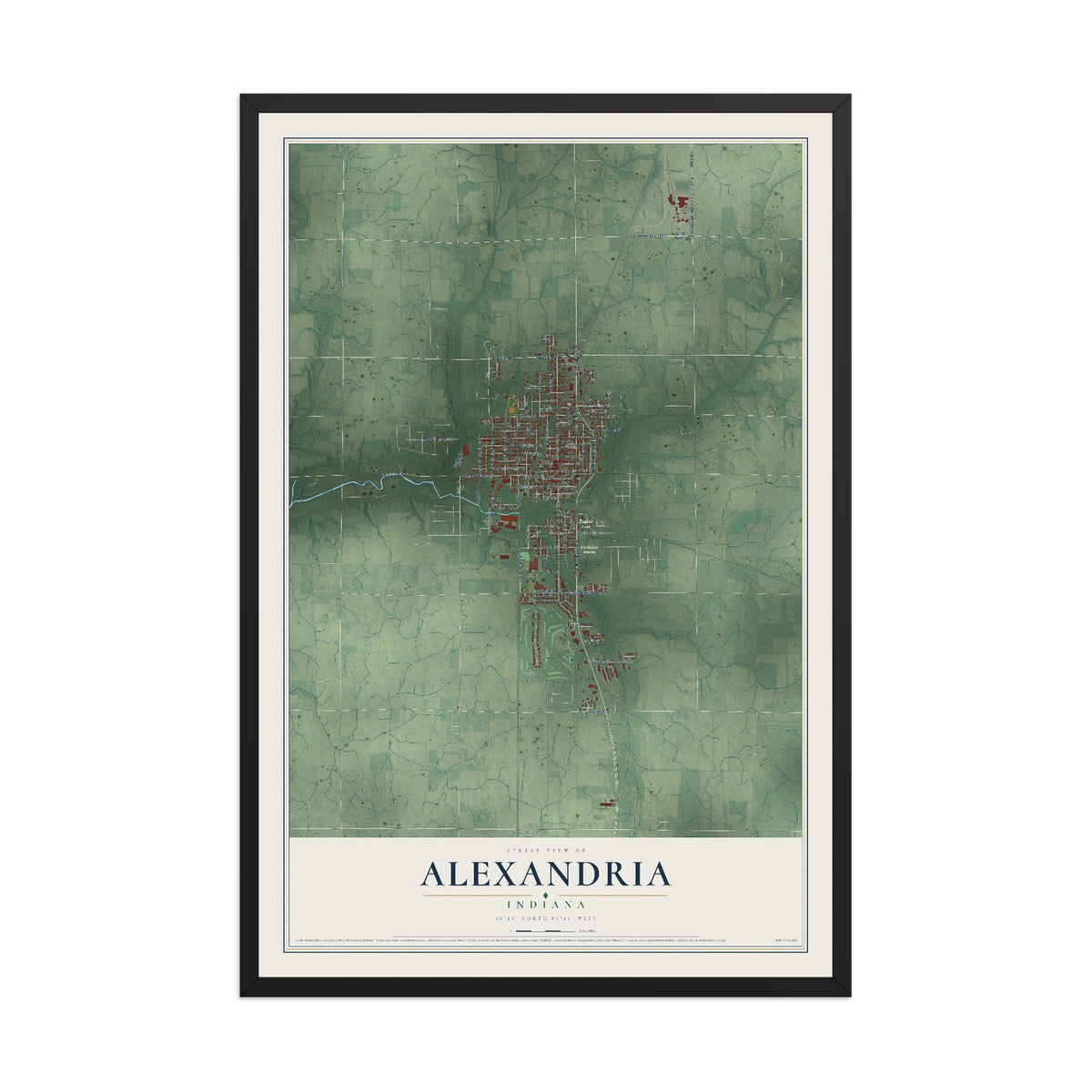Map of Alexandria, Indiana, 12 x 18 inch print in a black wood frame