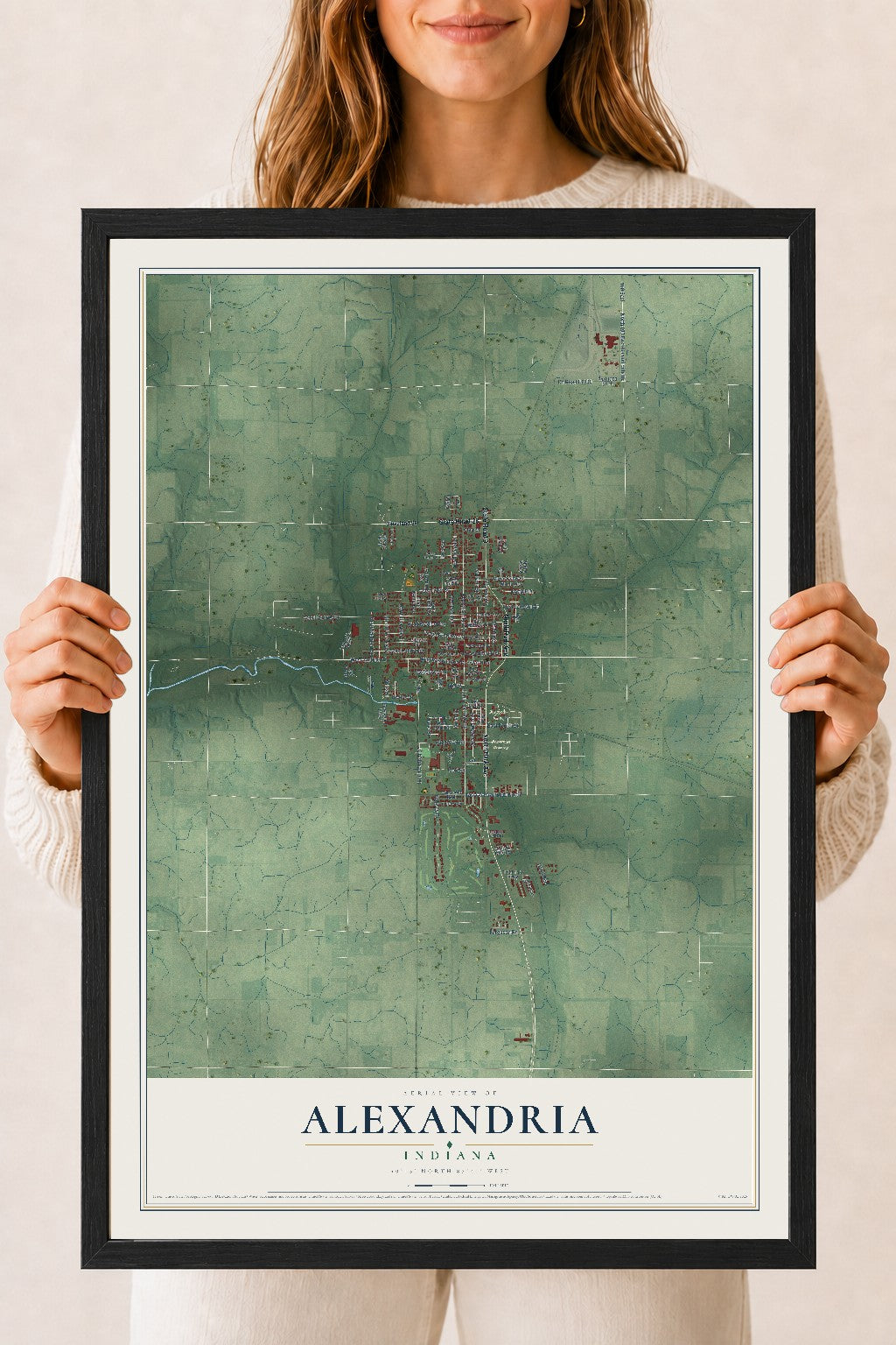 Map of Alexandria, Indiana, 18 x 24 inch print in a black wood frame