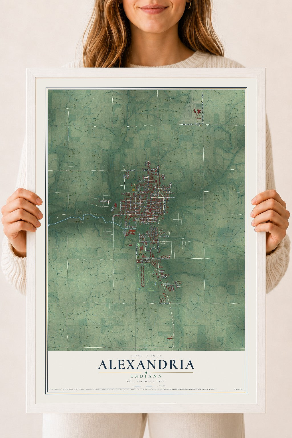 Map of Alexandria, Indiana, 18 x 24 inch print in a white wood frame