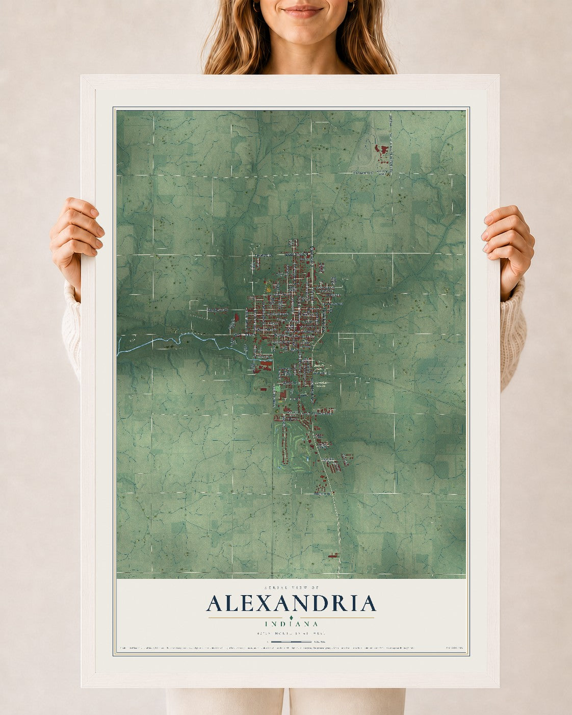 Map of Alexandria, Indiana, 24 x 36 inch print in a white wood frame