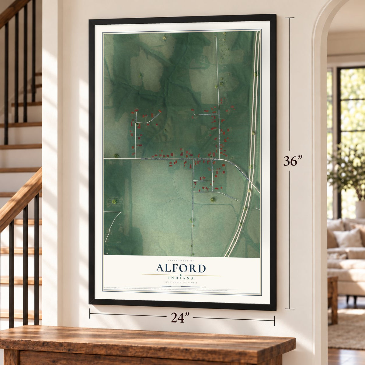 Alford, Indiana map, 24 x 36 inch print in a black frame by a staircase
