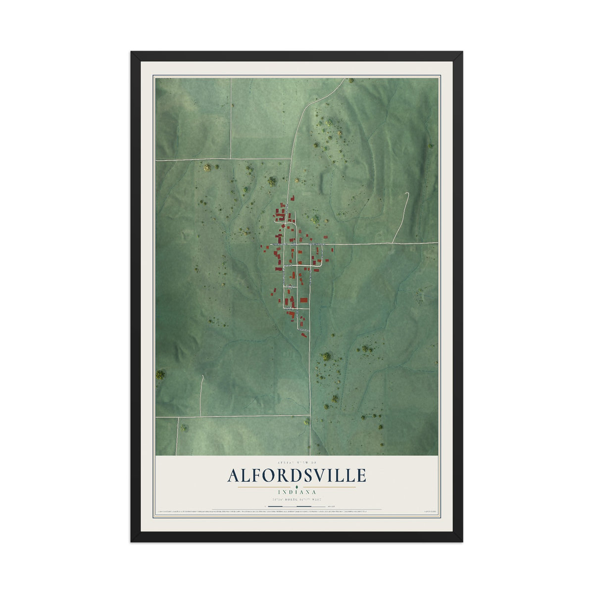 Map of Alfordsville, Indiana, 12 x 18 inch print in a black wood frame