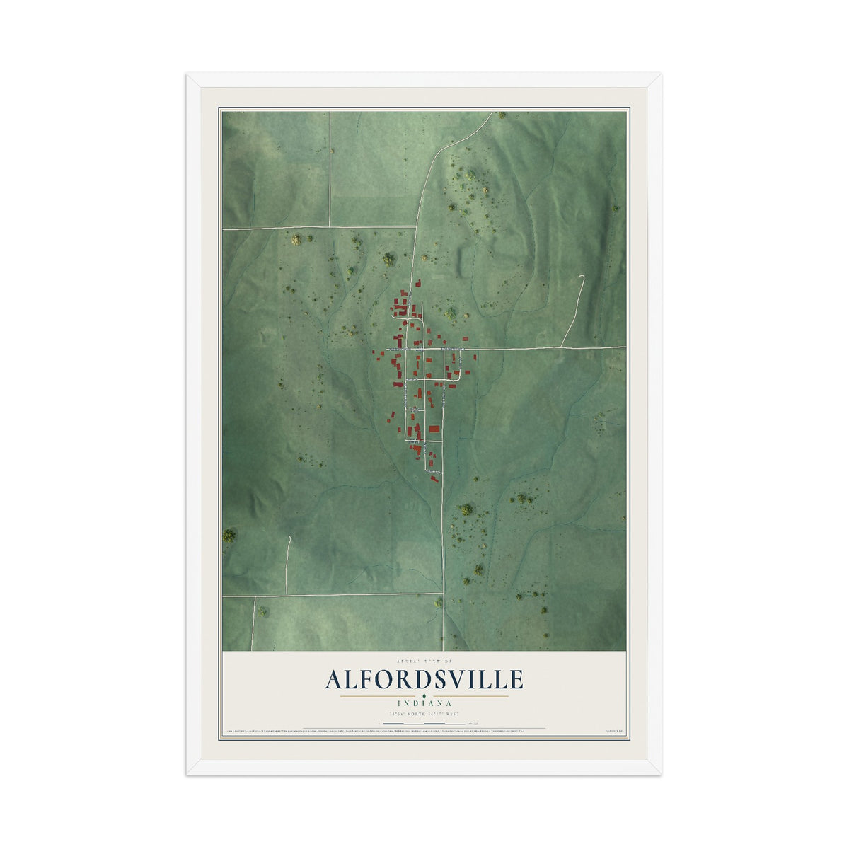 Map of Alfordsville, Indiana, 12 x 18 inch print in a white wood frame