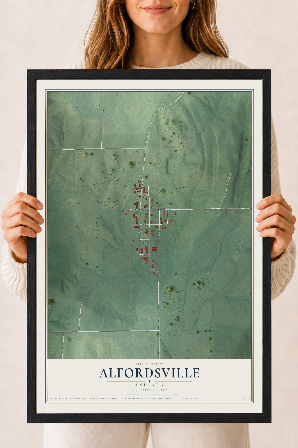 Map of Alfordsville, Indiana, 18 x 24 inch print in a black wood frame