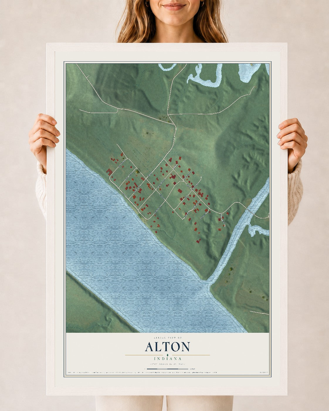 Map of Alton, Indiana, 24 x 36 inch print in a white wood frame
