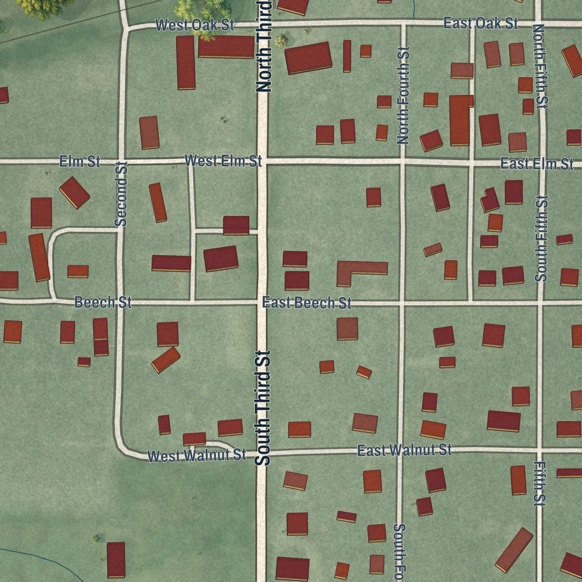 Close-up of the map of Ambia, Indiana print showing street and building detail