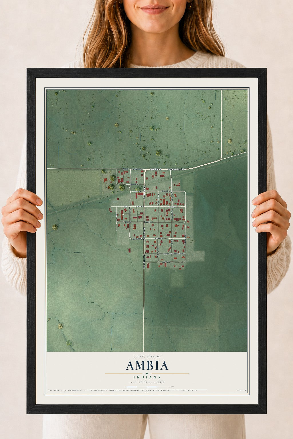 Map of Ambia, Indiana, 18 x 24 inch print in a black wood frame