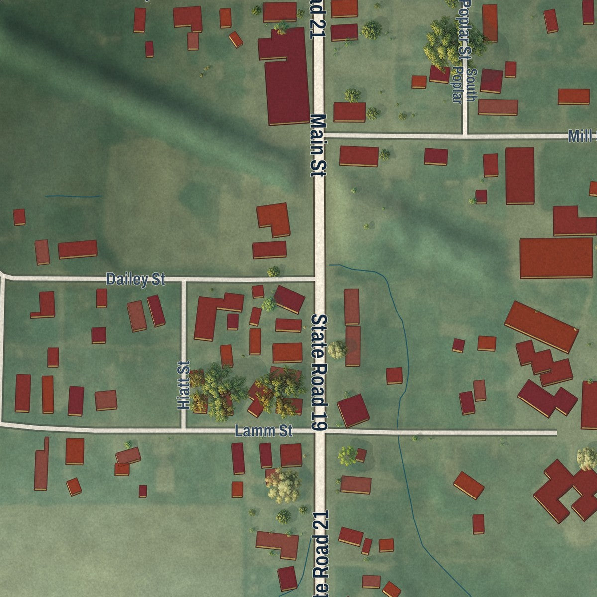 Close-up of the map of Amboy, Indiana print showing street and building detail