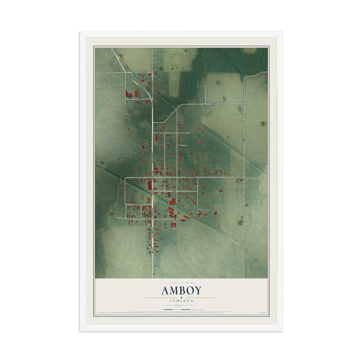 Map of Amboy, Indiana, 12 x 18 inch print in a white wood frame