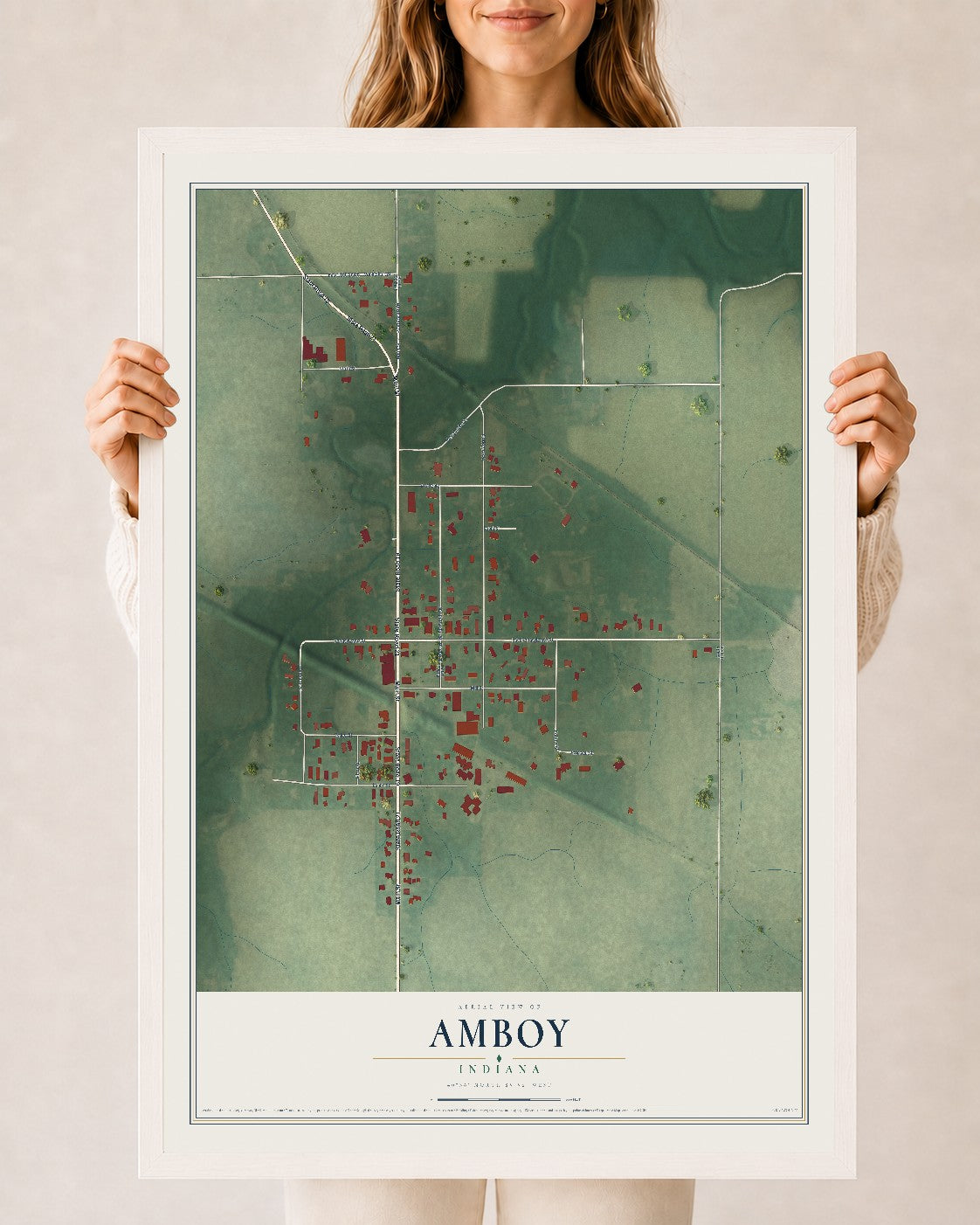 Map of Amboy, Indiana, 24 x 36 inch print in a white wood frame