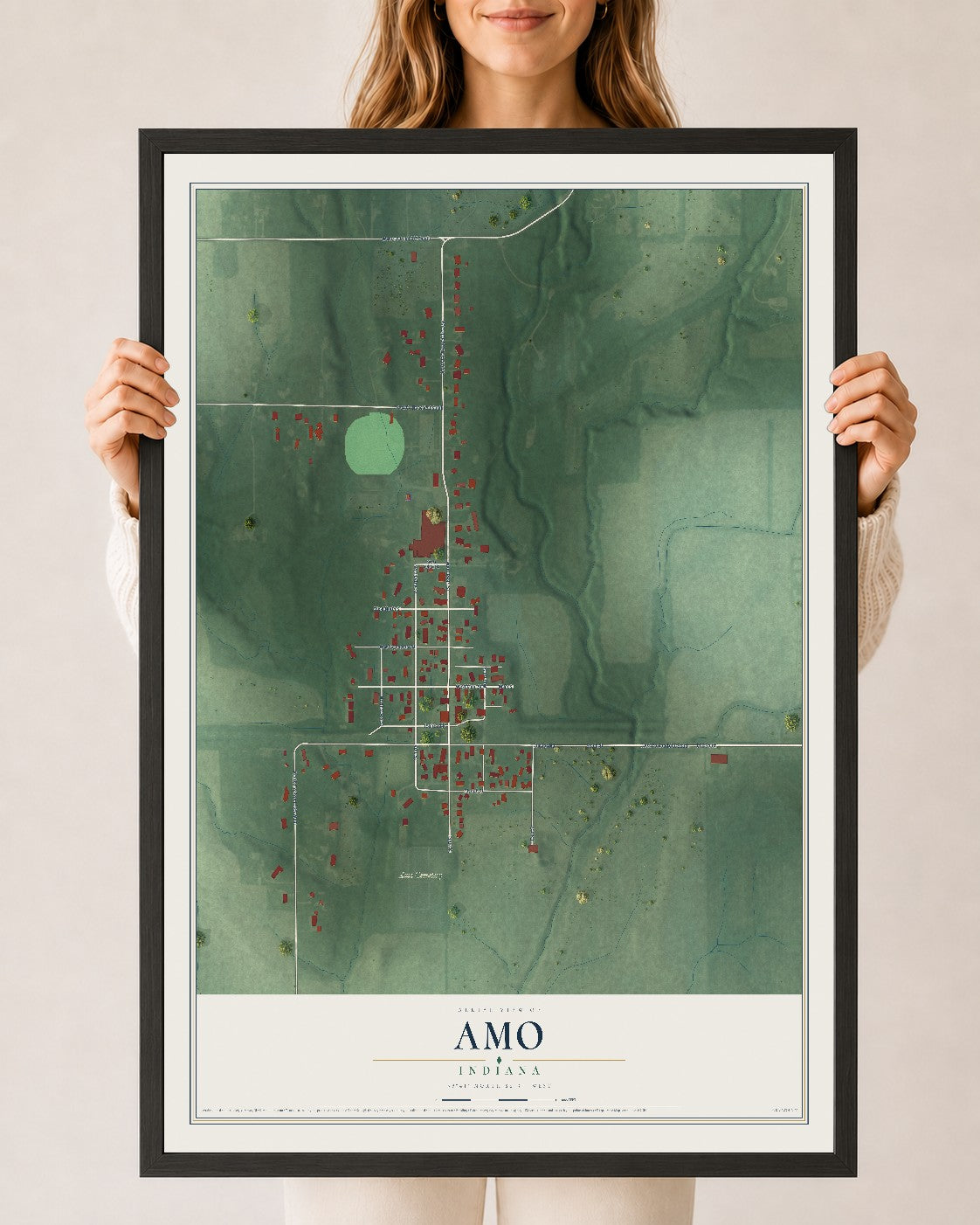 Map of Amo, Indiana, 24 x 36 inch print in a black wood frame