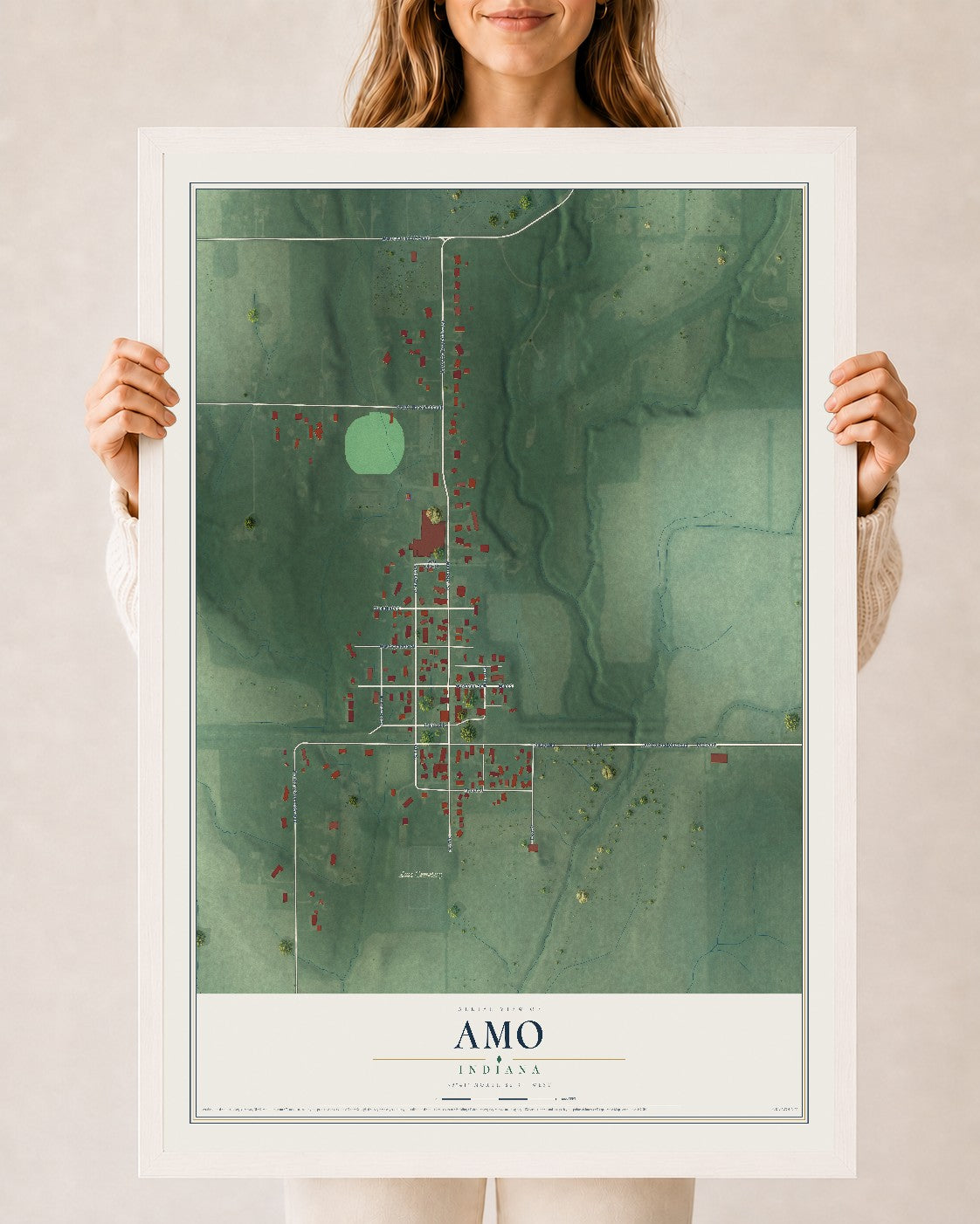 Map of Amo, Indiana, 24 x 36 inch print in a white wood frame