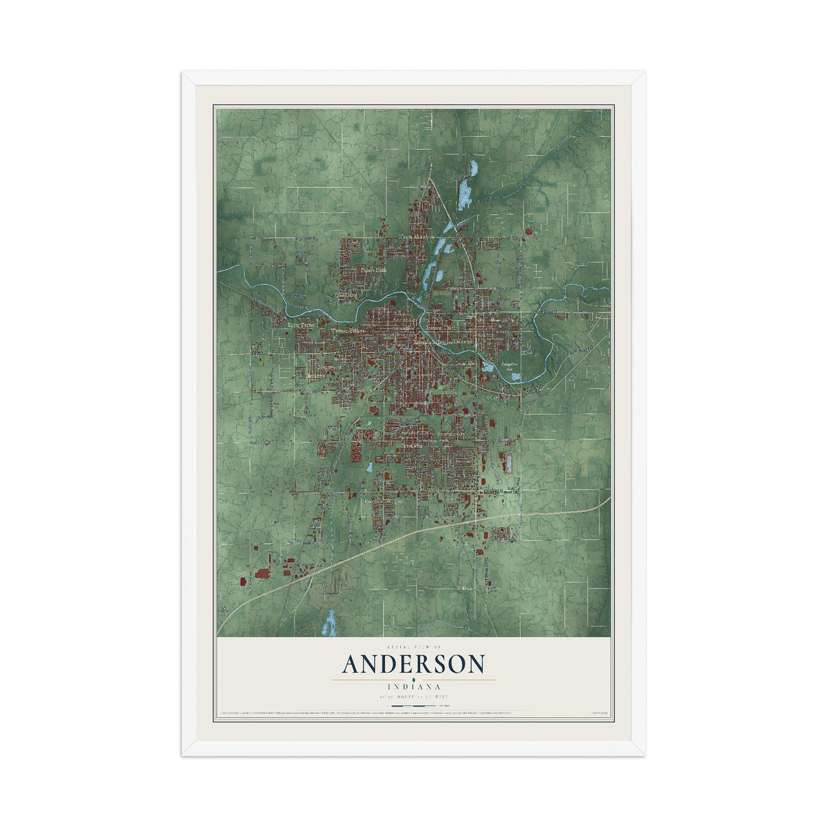 Map of Anderson, Indiana, 12 x 18 inch print in a white wood frame
