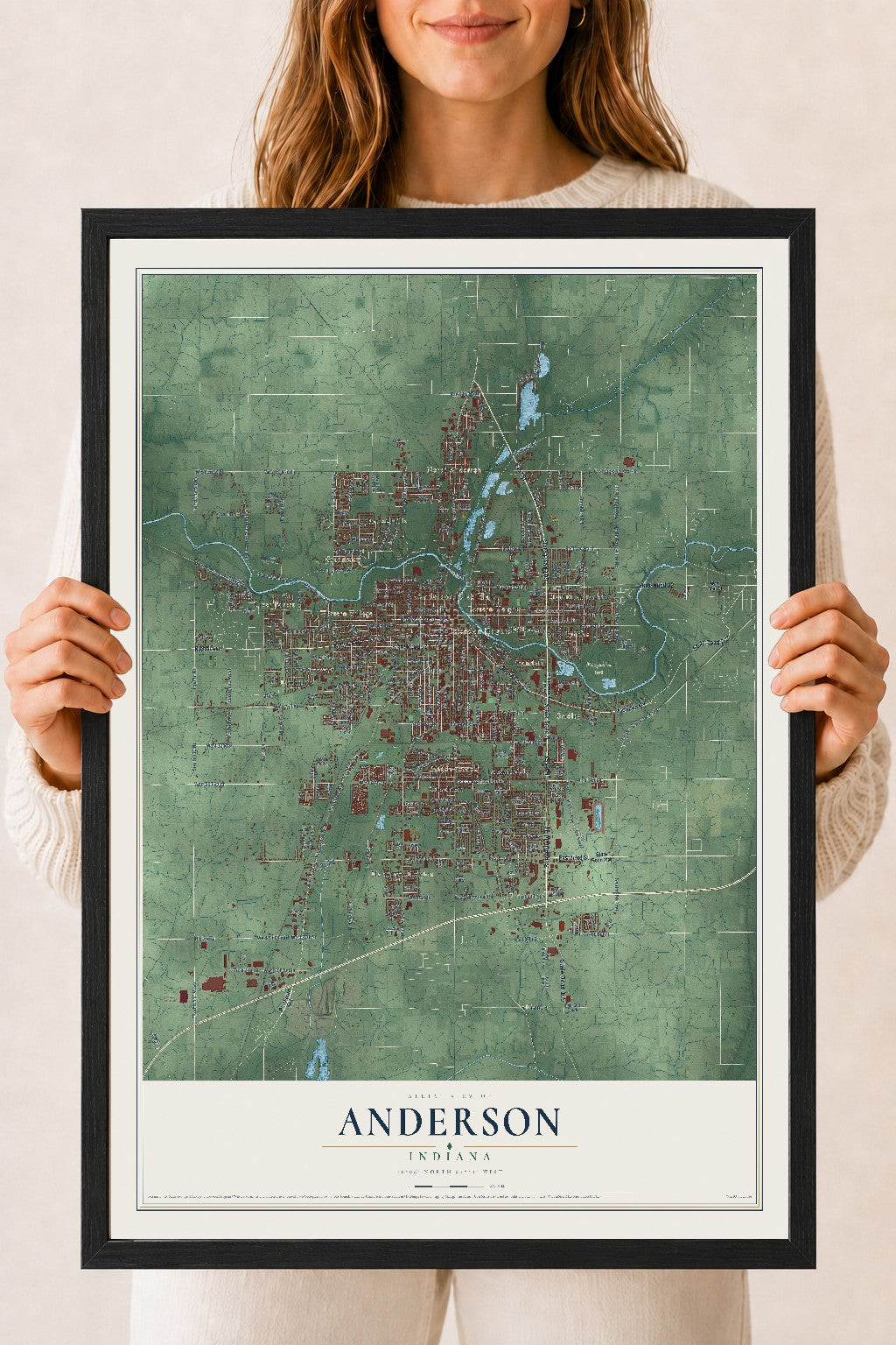 Map of Anderson, Indiana, 18 x 24 inch print in a black wood frame