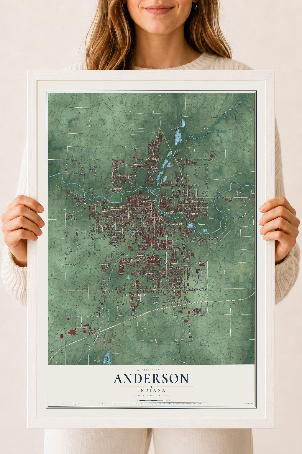 Map of Anderson, Indiana, 18 x 24 inch print in a white wood frame