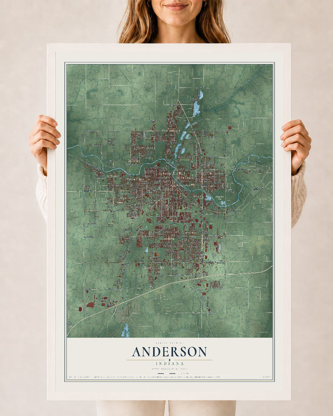 Map of Anderson, Indiana, 24 x 36 inch print in a white wood frame