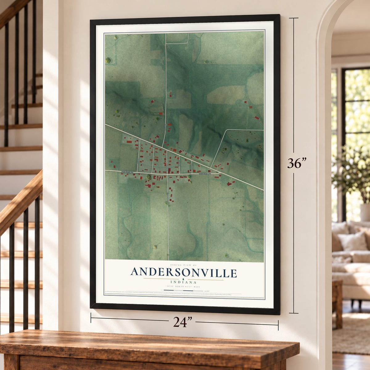 Andersonville, Indiana map, 24 x 36 inch print in a black frame by a staircase